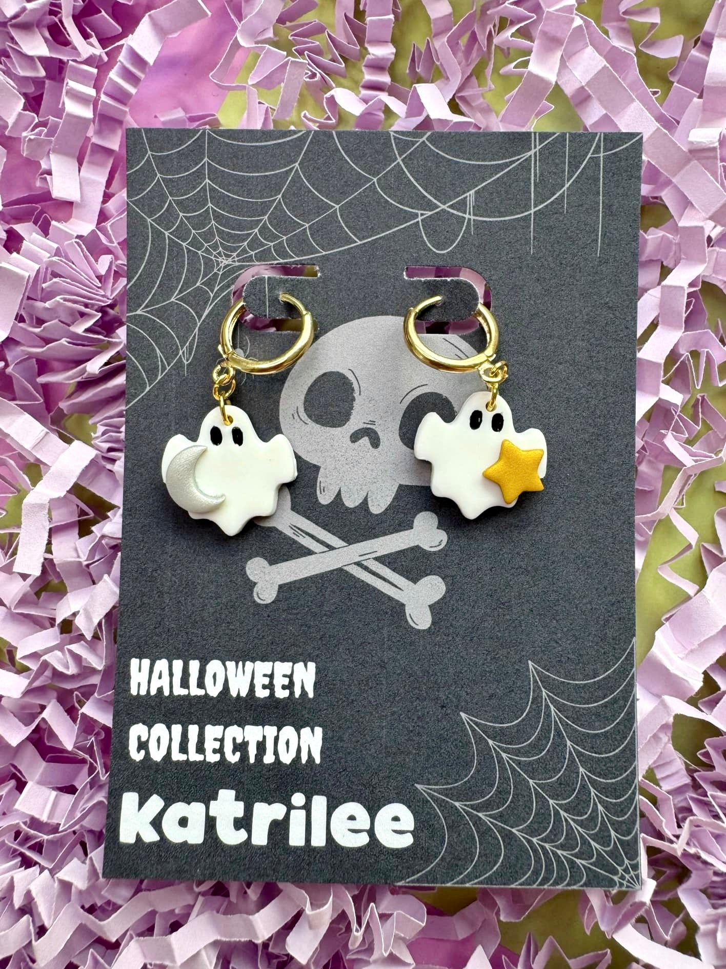 Halloween Star and Moon Ghost Gold Huggie Hoop Earrings