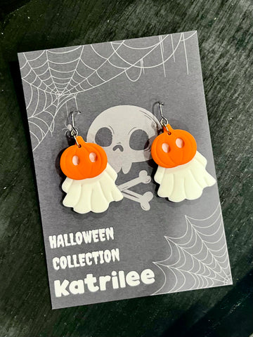 Halloween Pumpkin Ghost Gold Hook Earrings