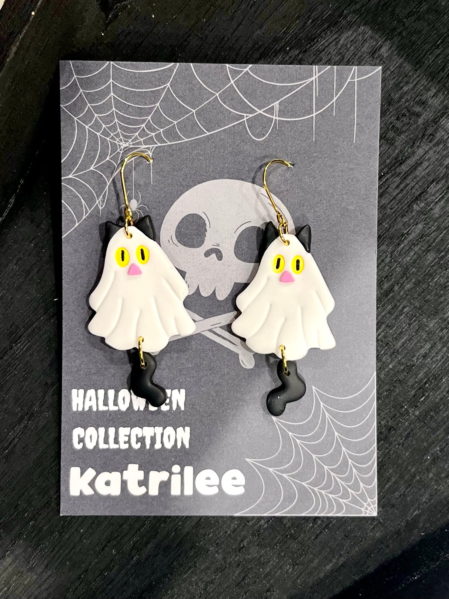 Halloween Cat Ghost Gold Hook Earrings