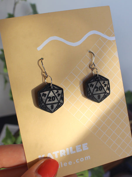 D20 Dice Dangle Earrings, Polymer Clay stainless steel