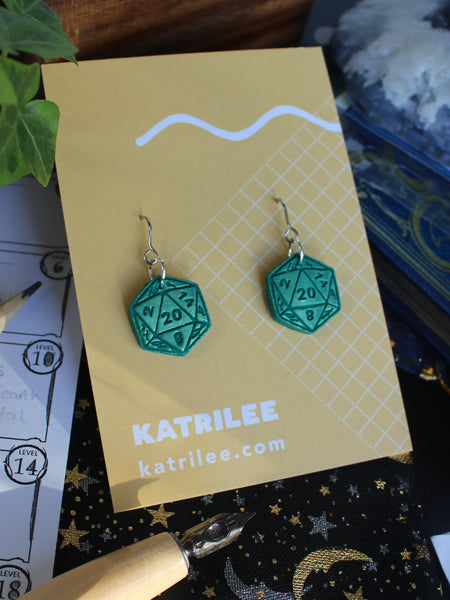 D20 Dice Dangle Earrings, Polymer Clay stainless steel