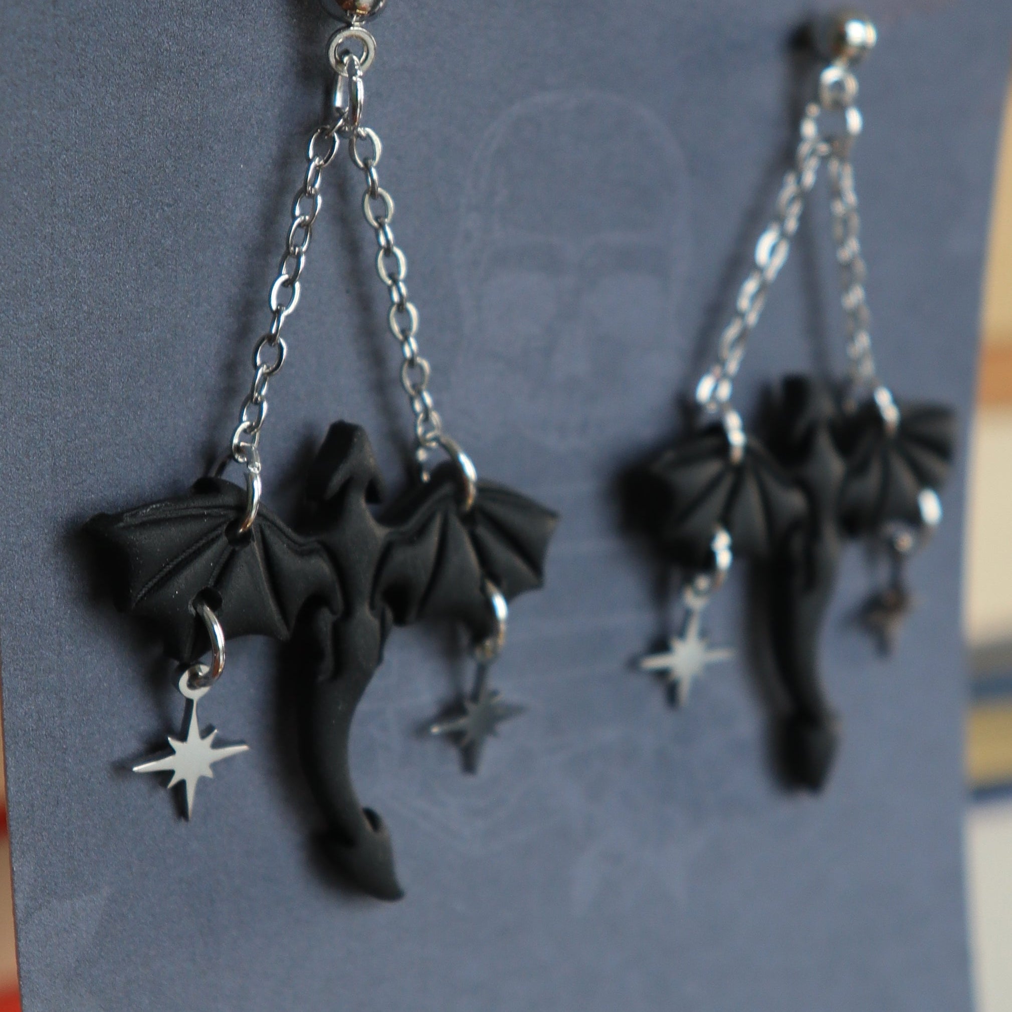 Black Star and Moon Dragon Dangle Earrings