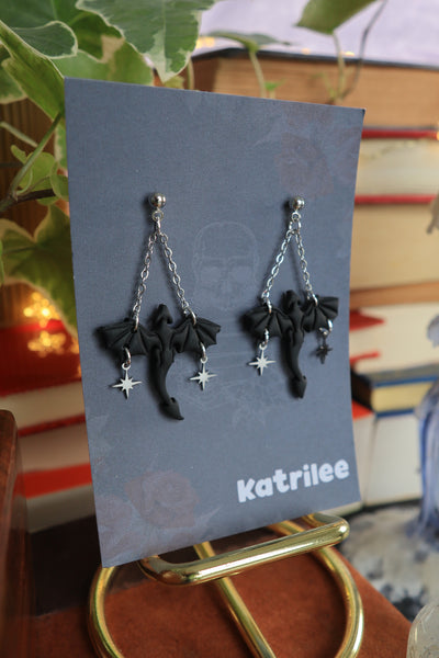 Black Star and Moon Dragon Dangle Earrings