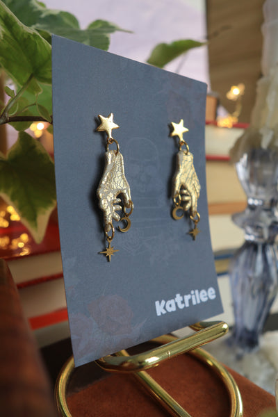 Celestial Gold Hand Moon and Star Dangle Earrings