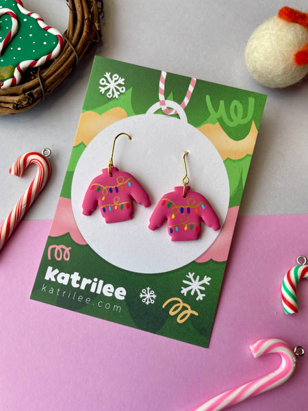 Christmas Pink Jumper Polymer Clay Dangle Earrings