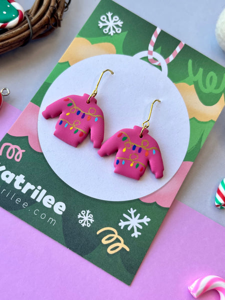 Christmas Pink Jumper Polymer Clay Dangle Earrings