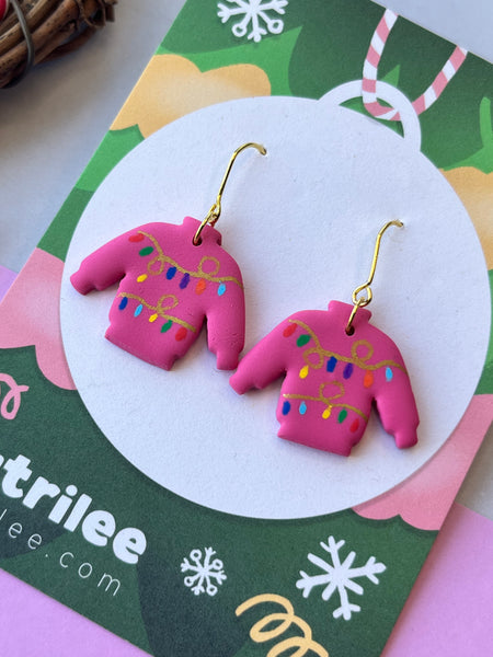 Christmas Pink Jumper Polymer Clay Dangle Earrings