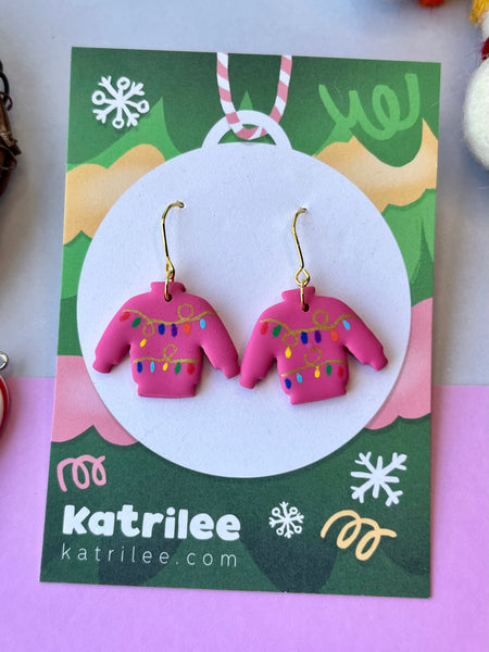 Christmas Pink Jumper Polymer Clay Dangle Earrings