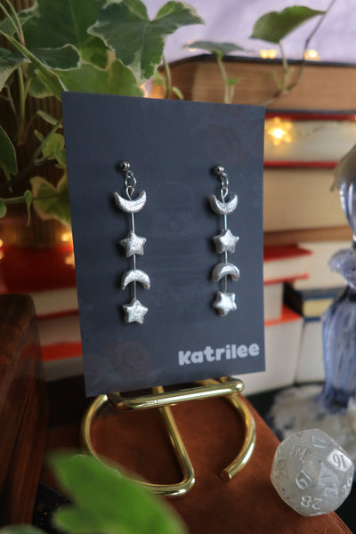 RARE25 Silver and Gold Star and Moon Dangle Earrings