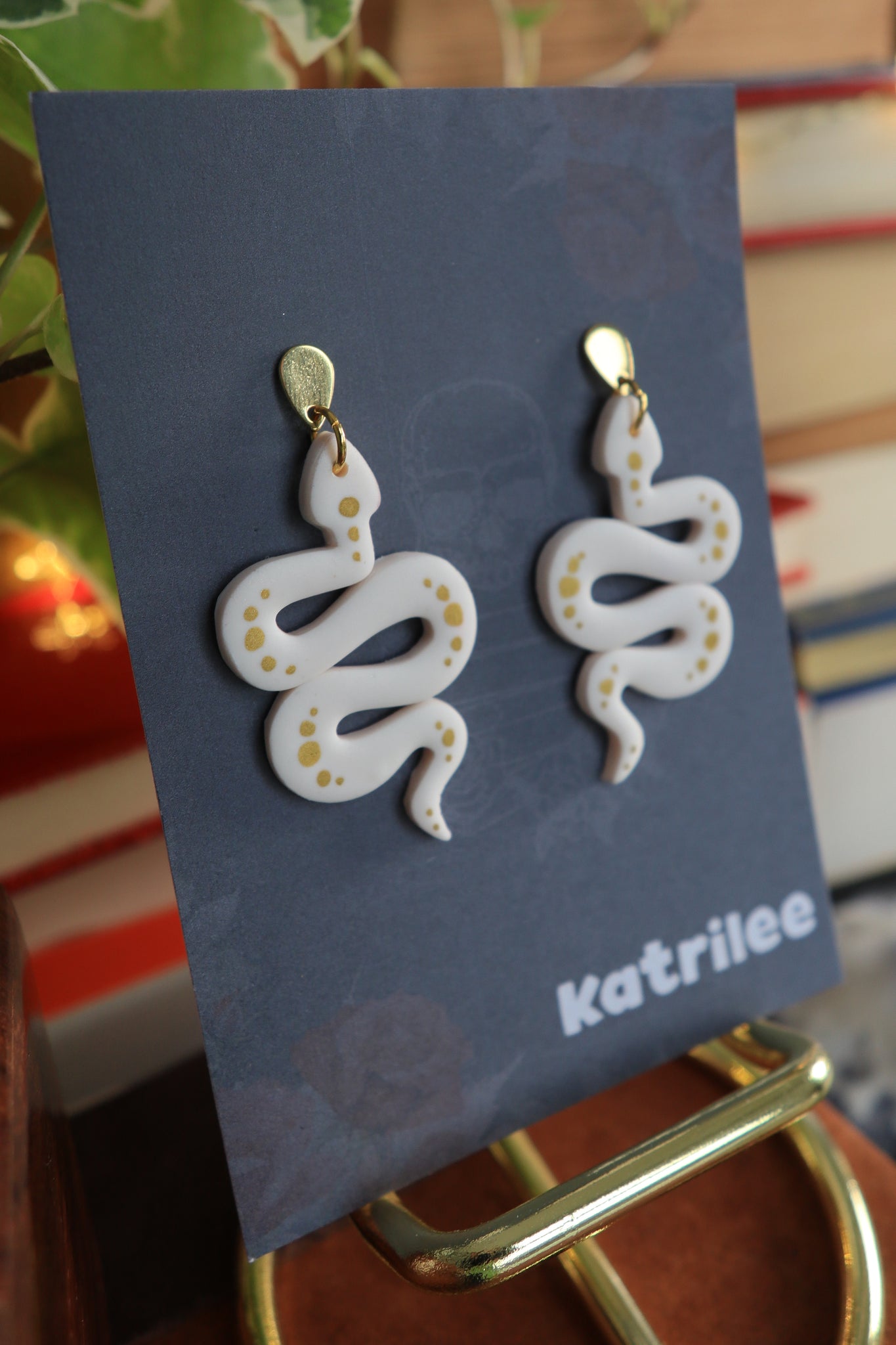 RARE25 White and Gold Snake Earrings