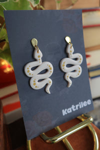 RARE25 White and Gold Snake Earrings